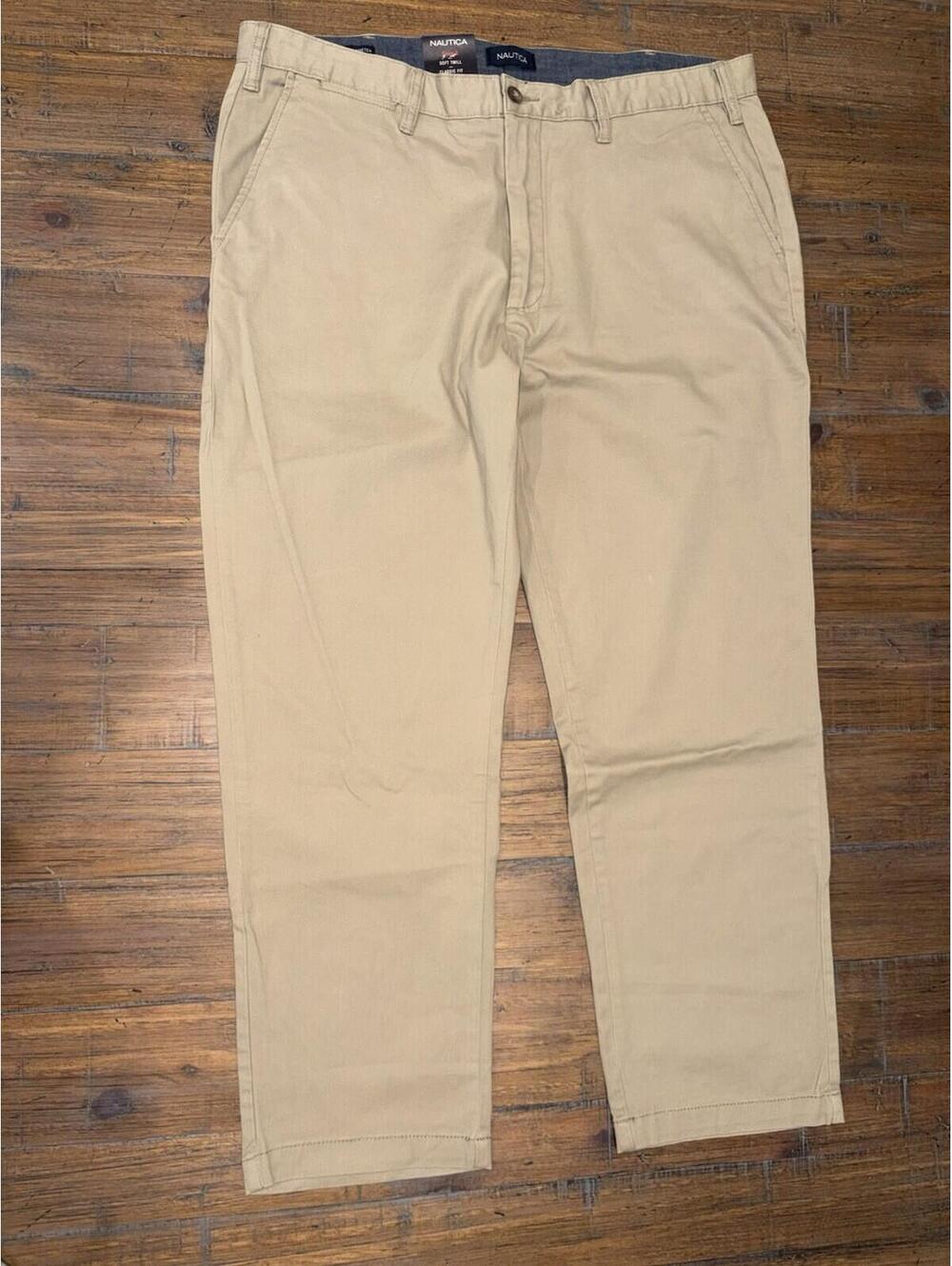 Nautica Men's Stretch Soft Twill Classic Fit Dress Pants Khaki Flat Front 40x30
